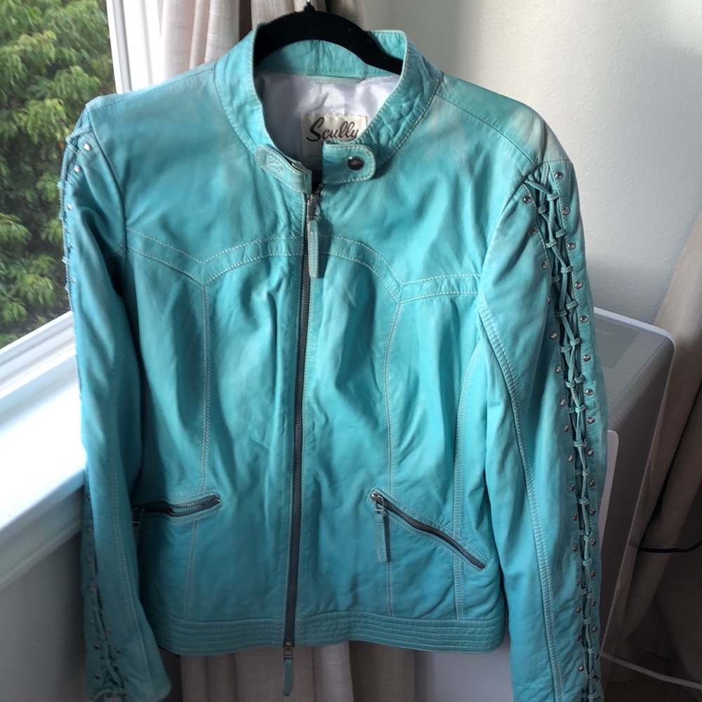Scully turquoise genuine leather moto jacket with braided sleeves NWT